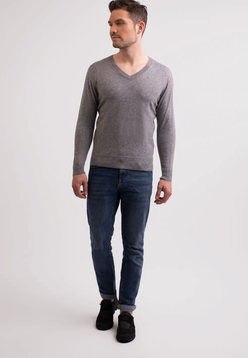 Recycelter Kaschmir V-Ausschnitt Pullover mittel grau melange