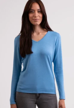 Seide Kaschmir V-Ausschnitt Pullover capri blau